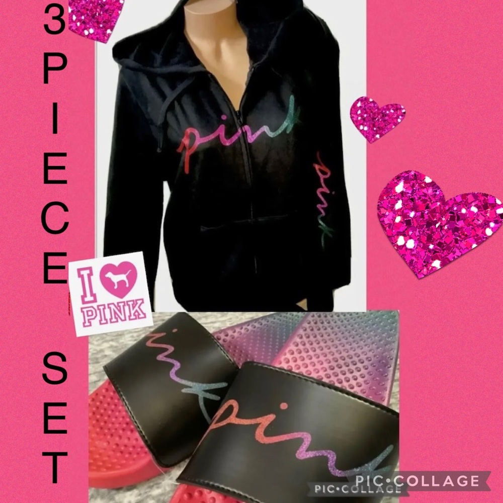 Victoria's Secret Pink Rainbow Bling Full zip
leggings & Slides XXL VS 2X 3pcs